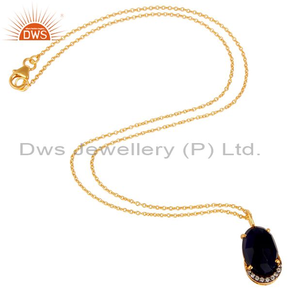 Exporter 18K Yellow Gold Plated Sterling Silver Blue Corundum And CZ Pendant With Chain