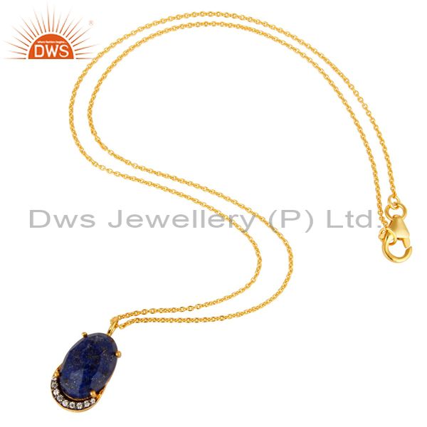 Suppliers 18K Yellow Gold Plated Sterling Silver Lapis Lazuli And CZ Pendant With Chain