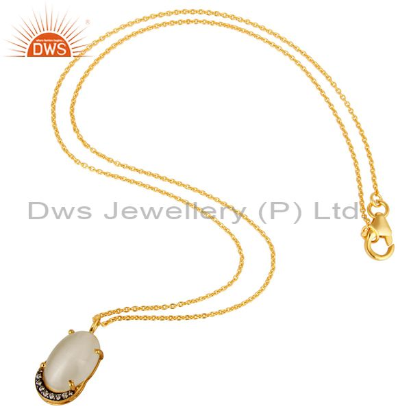 Suppliers 14K Gold Plated Sterling Silver Prong Set White Moonstone And CZ Pendant Chain