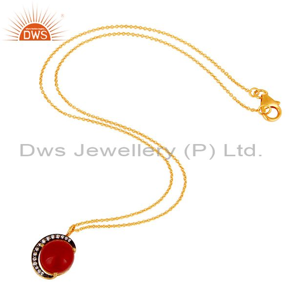 Suppliers 22K Yellow Gold Plated Sterling Silver Red Aventurine And CZ Pendant Necklace