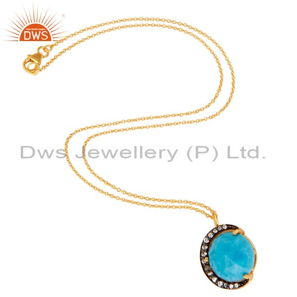 Exporter 14K Gold Plated Sterling Silver CZ And Turquoise HAlf Moon Pendant With Chain