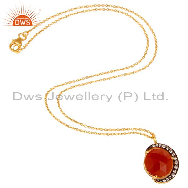 Exporter 18K Yellow Gold Plated Sterling Silver Red Onyx And CZ Half Moon Pendant Chain