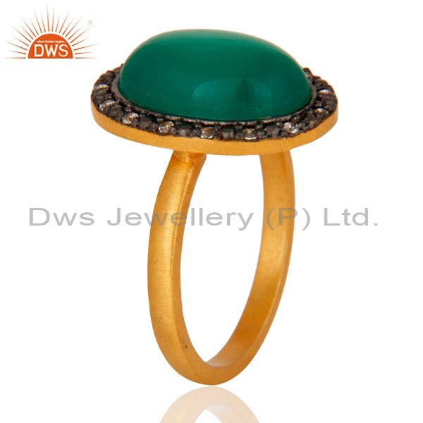 Exporter 18K Yellow Gold Plated Natural Green Onyx Gemstone Sterling Silver Ring With CZ