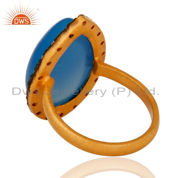 Suppliers Handmade Aqua Blue Chalcedony Gemstone Gold Plated Sterling Silver Ring With CZ