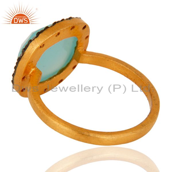 Exporter 18K Gold Plated 925 Sterling Silver Blue Aqua Glass Gemstone Ring With Zircon