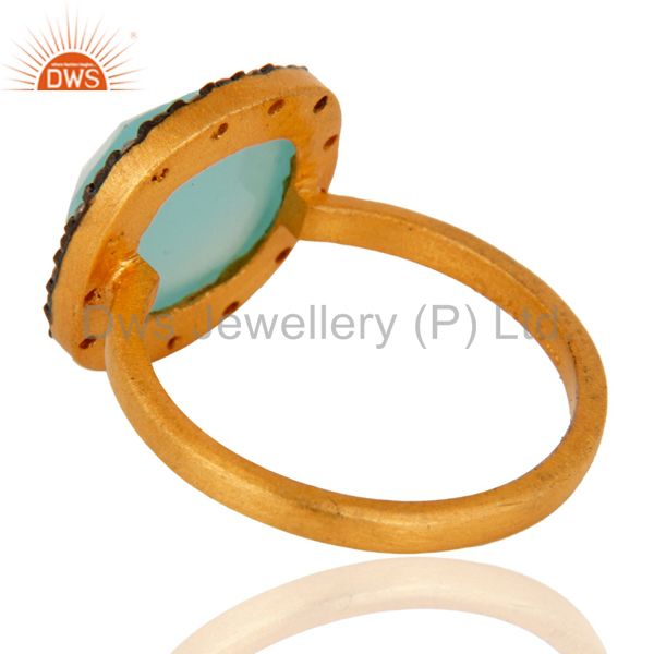 Exporter 18K Gold Plated 925 Sterling Silver Blue Aqua Glass Gemstone Ring With Zircon