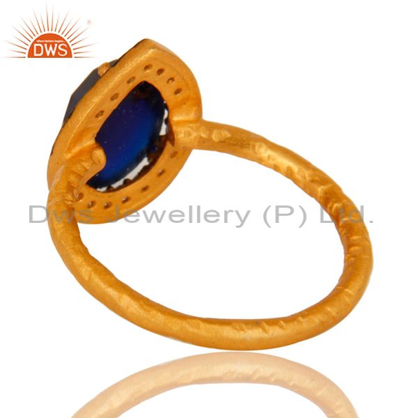 Suppliers 18K Yellow Gold Plated Sterling Silver Blue Corundum And CZ Hammered Band Ring