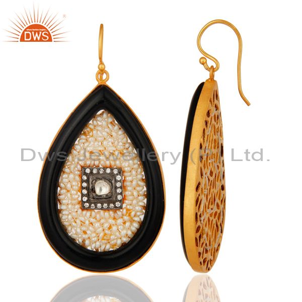 Exporter 18K Yellow Gold Plated Sterling Silver Bakelite And Pearl Drop Earrings