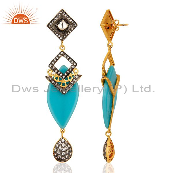 Suppliers 14K Yellow Gold Plated Blue Bakelite Handmade Dangle Earrings With CZ