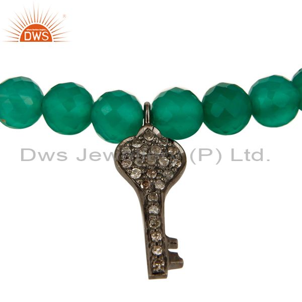 Suppliers 14K Gold Pave Diamond Key Charms Faceted Green Onyx Beads Bracelet Jewelry