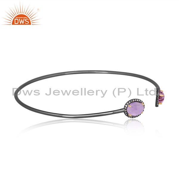 Suppliers Sterling Silver And 14K Yellow Gold Amethyst And Pave Diamond Stack Open Bangle