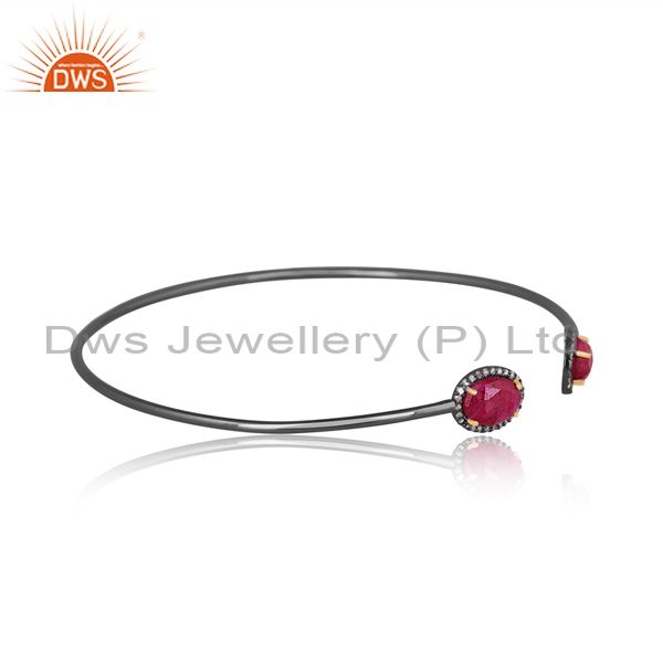 Suppliers Solid 14K Gold And Silver Dyed Ruby And Pave Set Diamond Adjustable Bangle