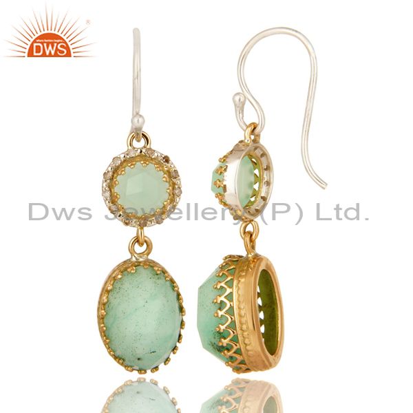 Suppliers Natural Chrysoprase 18K Yellow Gold Pave Diamond Sterling Silver Dangle Earrings
