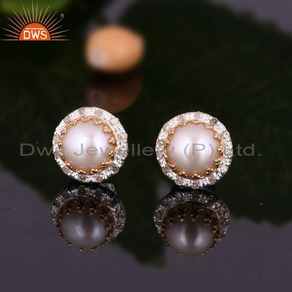 Exporter 18K Yellow Gold Pave Diamond And Natural Pearl Womens Stud Earrings