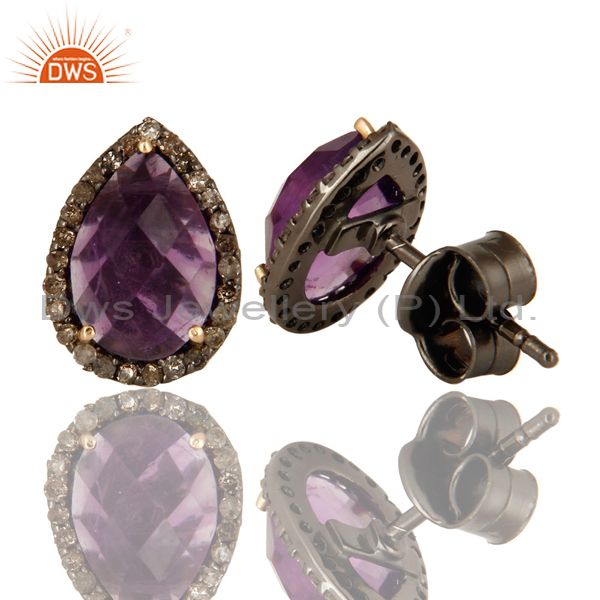 Suppliers 14K Yellow Gold And Sterling Silver Amethyst Pave Set Diamond Stud Earrings