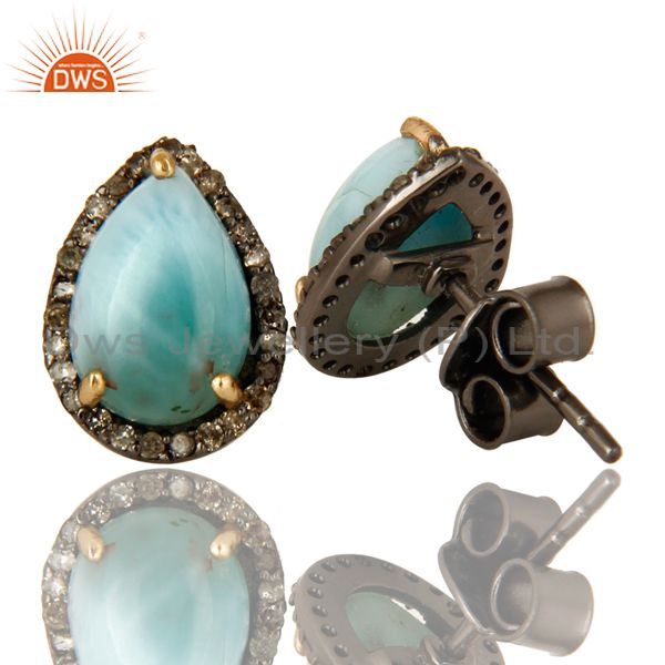 Suppliers Natural Diamond Pave Set And Larimar Gemstone Stud Earrings In 14K Yellow Gold