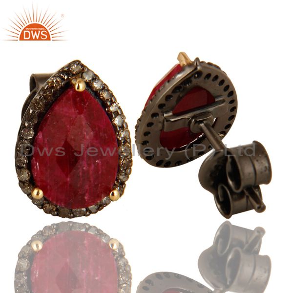 Suppliers Oxidized 14K Solid Yellow Gold Ruby And Pave Set Diamond Stud Earrings For Women