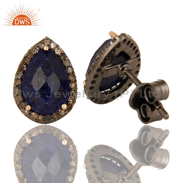 Suppliers 14K Yellow Gold Blue Sapphire And Pave Diamond Ladies Stud Earrings For Womens