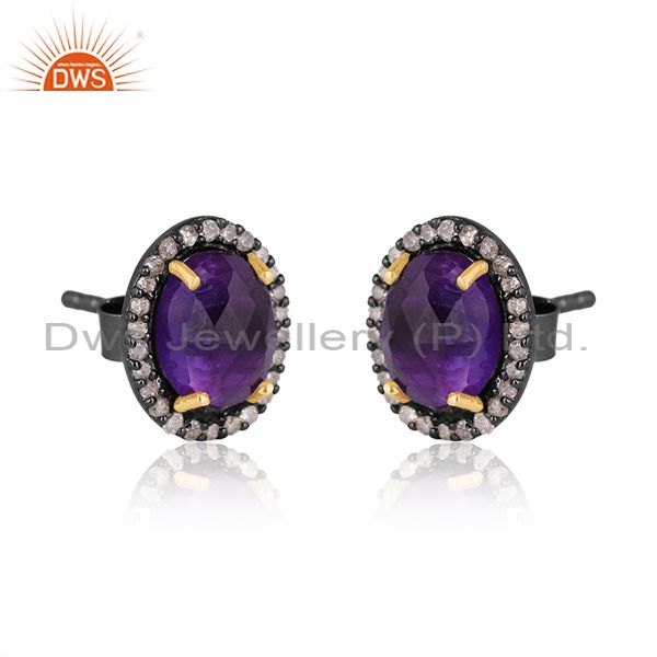 Suppliers 14K Solid Yellow Gold Amethyst Gemstone Ladies Stud Earrings With Pave Diamond