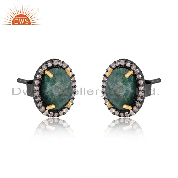 Suppliers Oxidized 14K Yellow Gold Emerald And Pave Set Diamond Stud Earrings For Womens