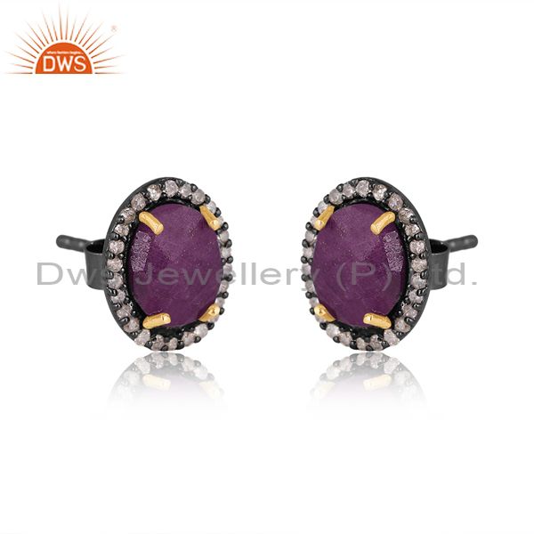 Suppliers Natural Ruby Gemstone Pave Diamond Gold Plated Stud Earrings Supplier