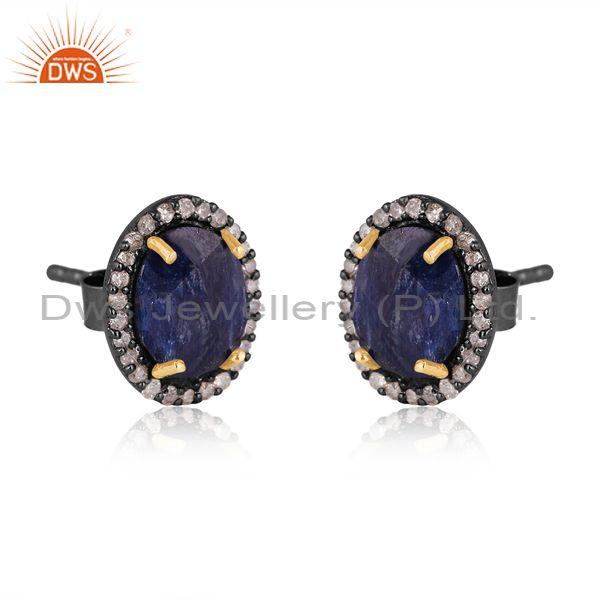 14k solid yellow gold sterling silver pave diamond blue sapphire stud earrings
