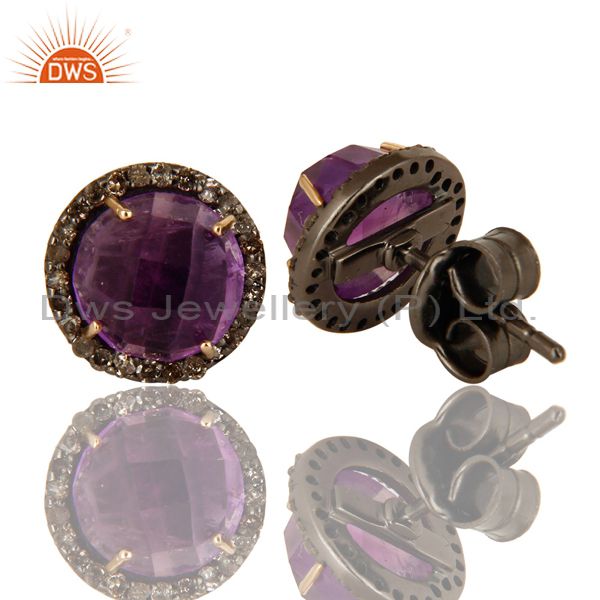 Suppliers 14K Yellow Gold Pave Diamond And Amethyst Round Stud Earrings For Womens