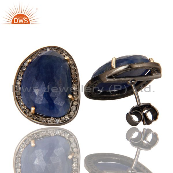 Suppliers Solid 14K Yellow Gold Sterling Silver Pave Diamond Blue Sapphire Stud Earrings