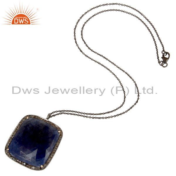 Suppliers 14K Solid Yellow Gold Pave Diamond And Blue Sapphire Pendant With Chain