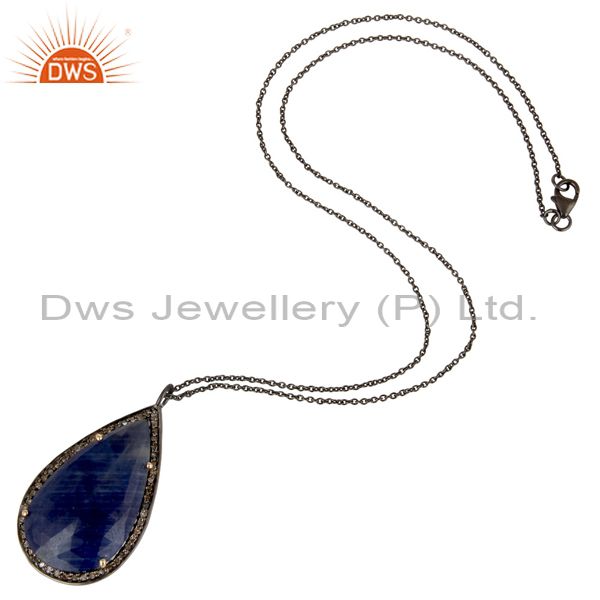 Suppliers Solid 14K Yellow Gold Pave Diamond And Blue Sapphire Drop Pendant With Chain