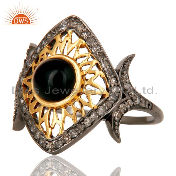 Exporter Black Onyx and Pave Diamond Ethenic Designer Black Oxidized Sterling Silver Ring