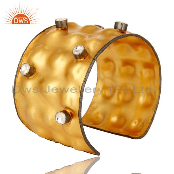 Exporter 18K Yellow Gold Plated Brass Crystal Polki Wide Cuff Bracelet Jewelry