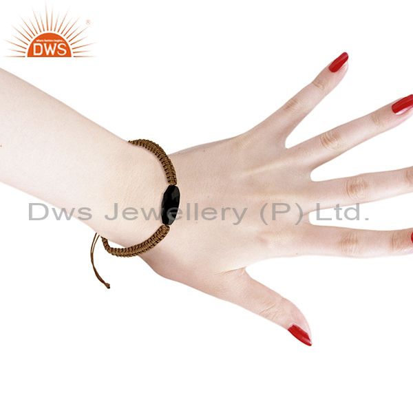 Suppliers Faceted Gemstone Black Onyx Wrap Adjustable Brown Cord Macrame Bracelet