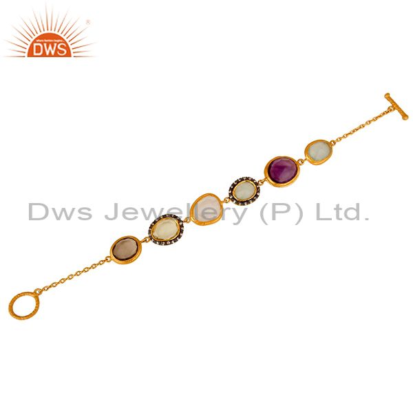 Exporter 22K Yellow Gold Plated Sterling Silver Multi Colored Gemstone Bracelet With CZ