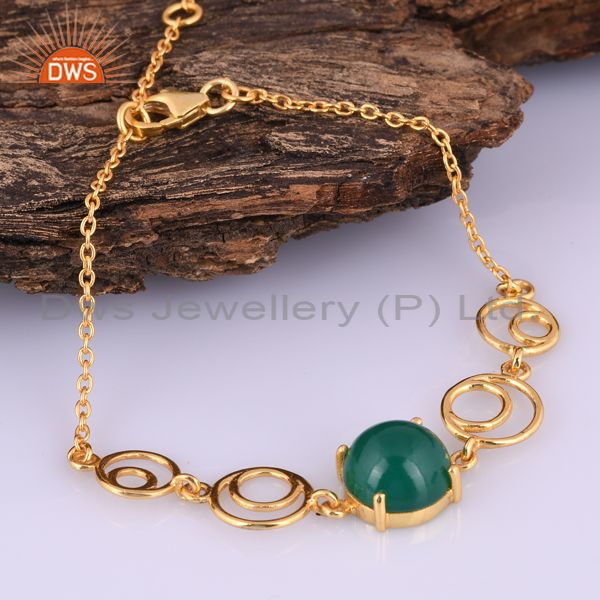 Supplier of Genuine Green Onyx Gemstone Sterling Silver Gold Plated Chain Bracelet