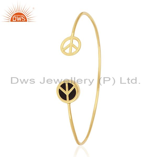Wholesalers of 18k gold plated 925 silver onyx lucky peace sign charm cuff bangle