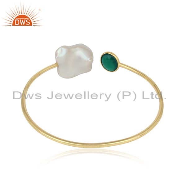 Handcrafted gold on silver cuff with green onyx and natural pearl