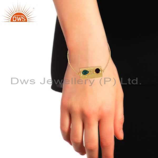 Gold on silver textured slider bracelet with garnet, green onyx