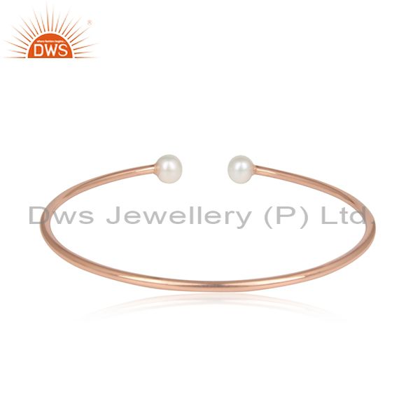 Double Pearl Beads Rose Gold On Silver Designer Cuff Bangle