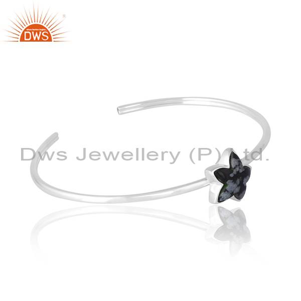 Elegant Snowflake Obsidian Moonflower Silver Cuff Bracelet