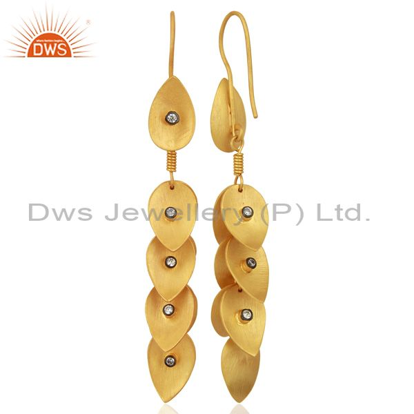 Exporter 18K Yellow Gold Plated Brass Cubic Zirconia Leaf Chandelier Earrings