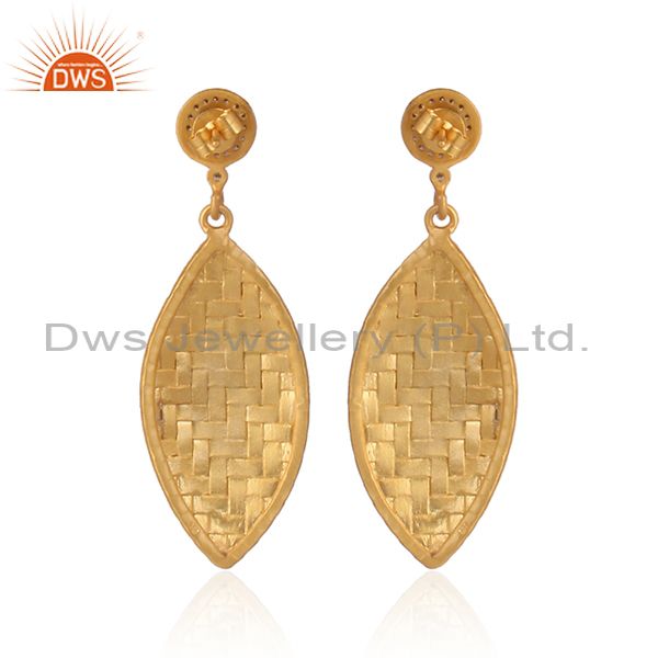Exporter 18K Gold Over 925 Sterling Silver Weave Wire Net Design Cubic Zirconia Earrings