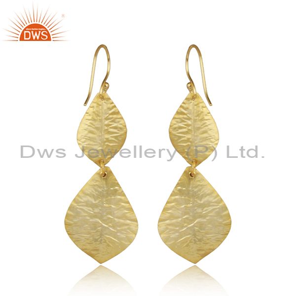 Exporter Handmade 22K Yellow Gold Vermeil Leaves Dangle Earrings With Cubic Zirconia