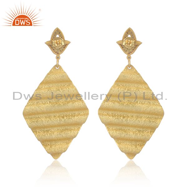 18K Yellow Gold Plated Sterling Silver CZ Polki Fashion Dangle Earrings
