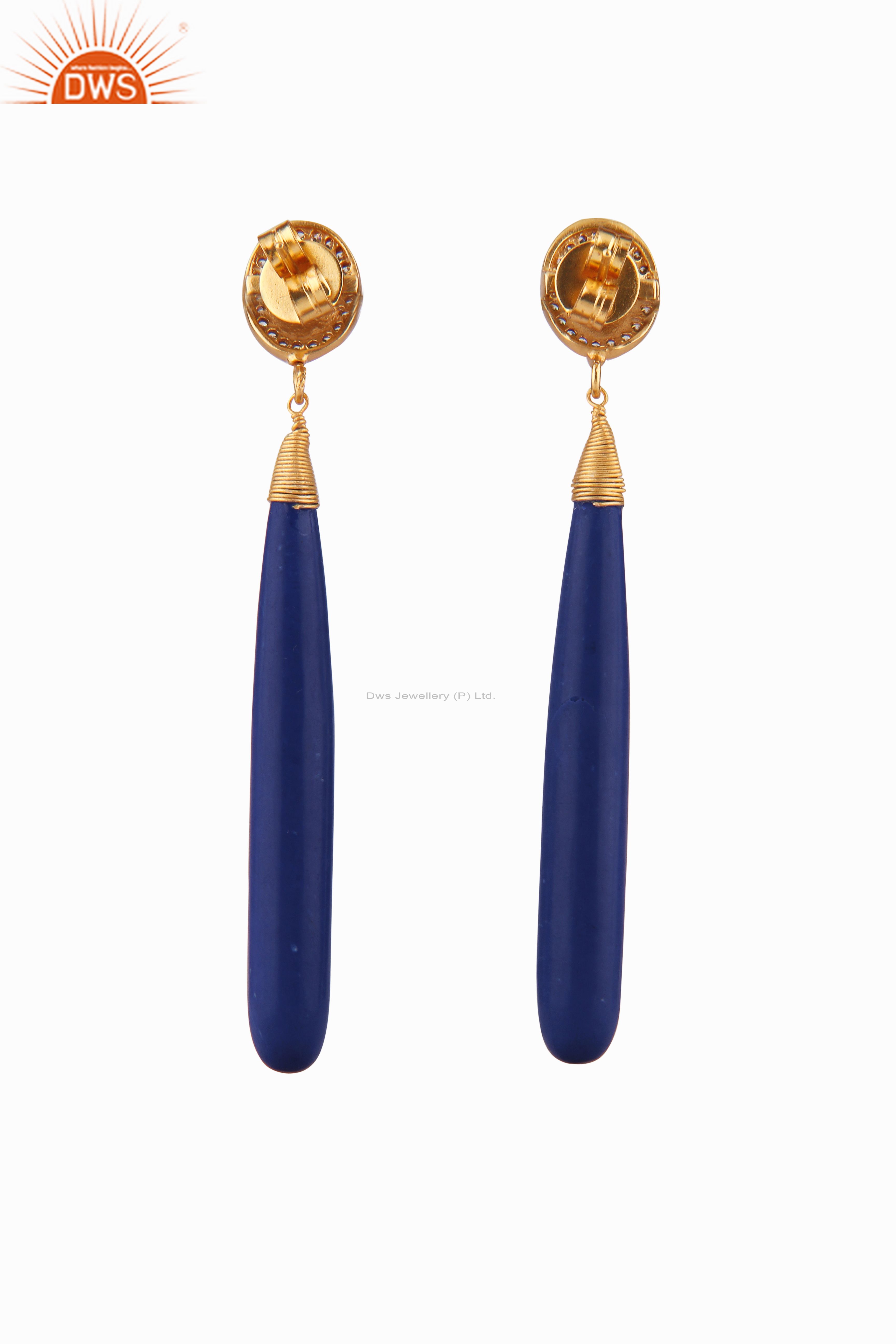Suppliers 22K Yellow Gold Plated Brass Lapis Lazuli Gemstone Smooth Dangle Earrings