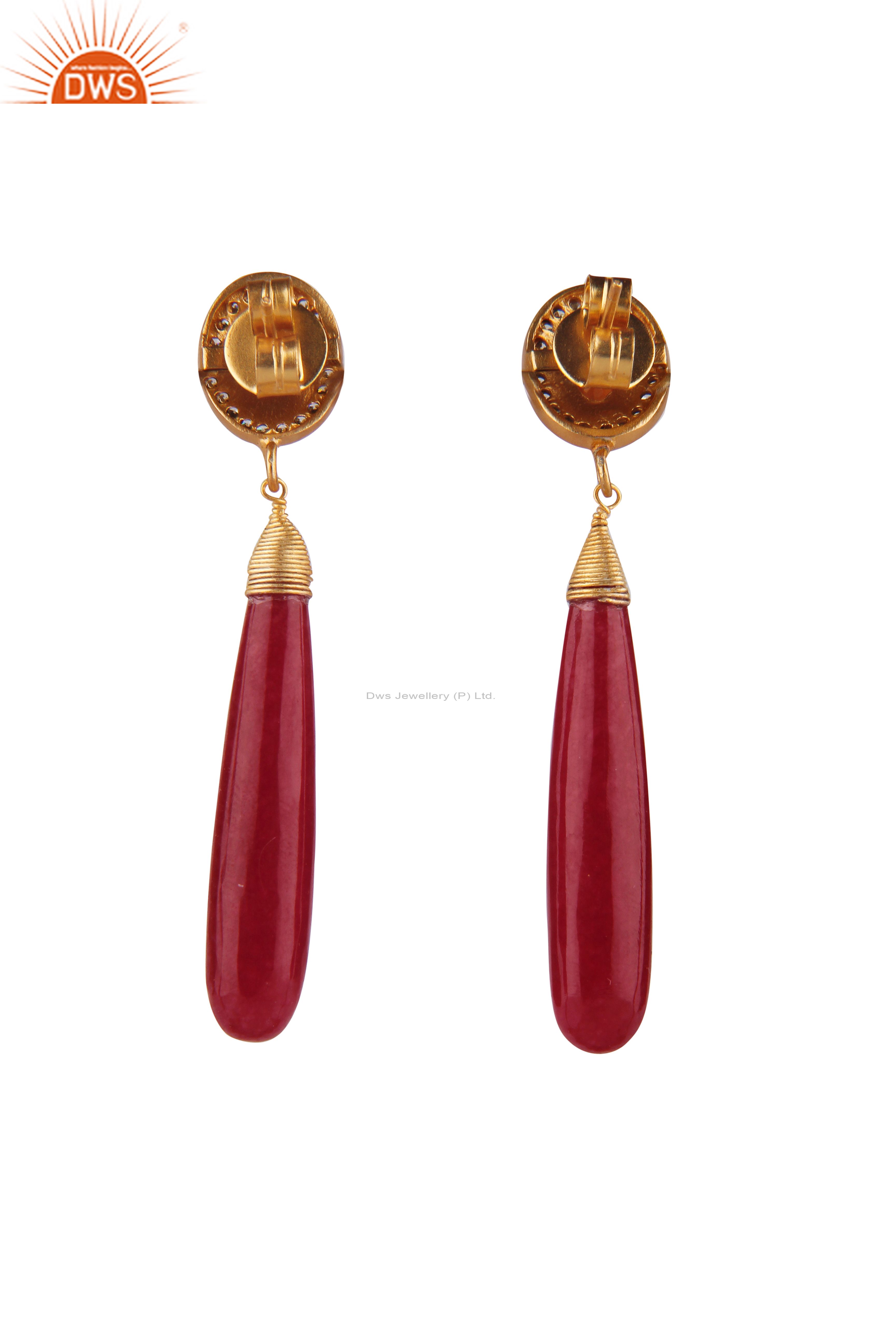 Suppliers 22K Yellow Gold Plated Brass CZ And Red Aventurine Smooth Drop Earrings