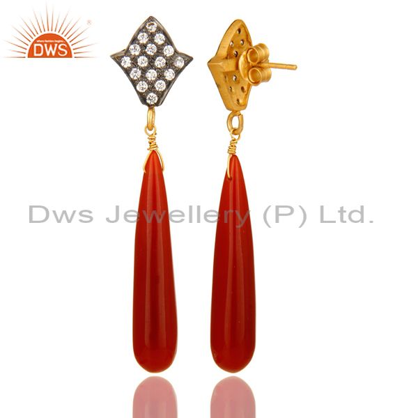 Suppliers 14K Yellow Gold Plated Sterling Silver Red Onyx Drop Dangle Earrings With CZ