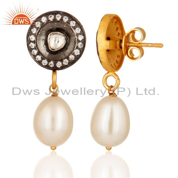Suppliers Crystal Quartz Polki & White Pearl Vintage Look Earrings In 18K Gold On Silver