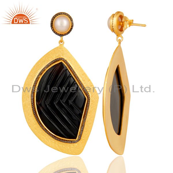 Suppliers 18K Yellow Gold Plated Sterling Silver Black Onyx And Pearl Dangle Earrings