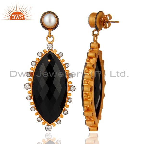 Suppliers Natural Black Onyx Gemstone Gold Plated 925 Sterling Silver CZ Dangle Earrings